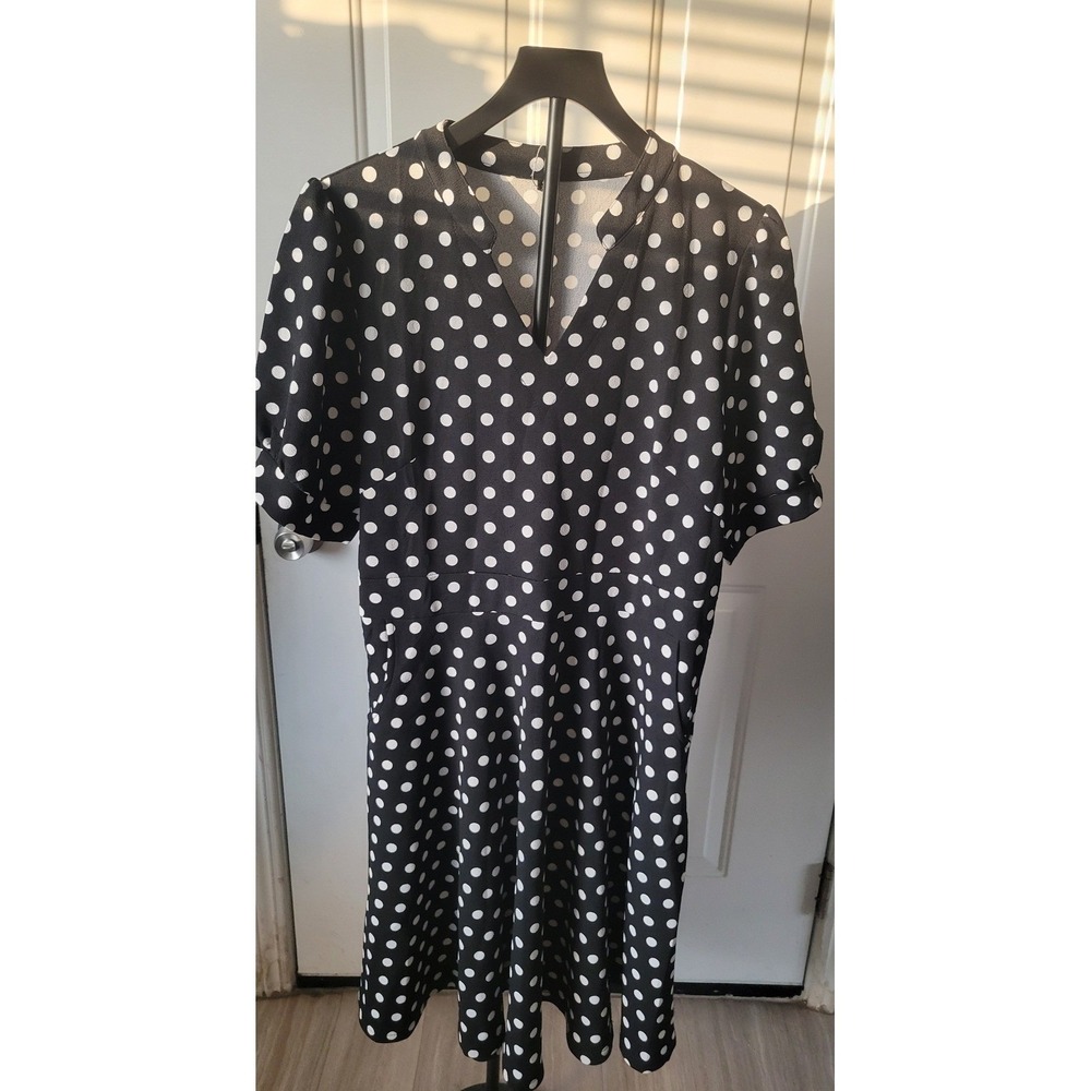 Polka Dot Fit and Flare Dress Black White V-Neck Short Sleeve XL